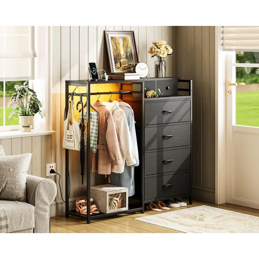 Cômoda para quarto com rack para pendurar roupas, cômoda reversível para quarto com sapateira 6 gavetas de tecido, baú de armazenamento 3 em 1