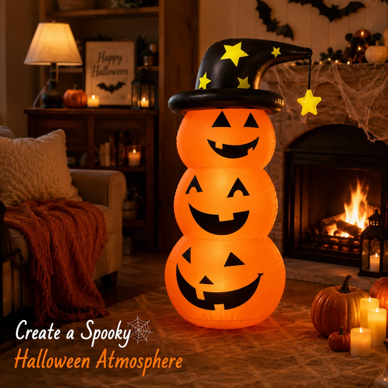 Halloween Inflatable Pumpkin Stack Decoration with Witch Hat Lighted Outdoor Yard Porch Party Decor view 6