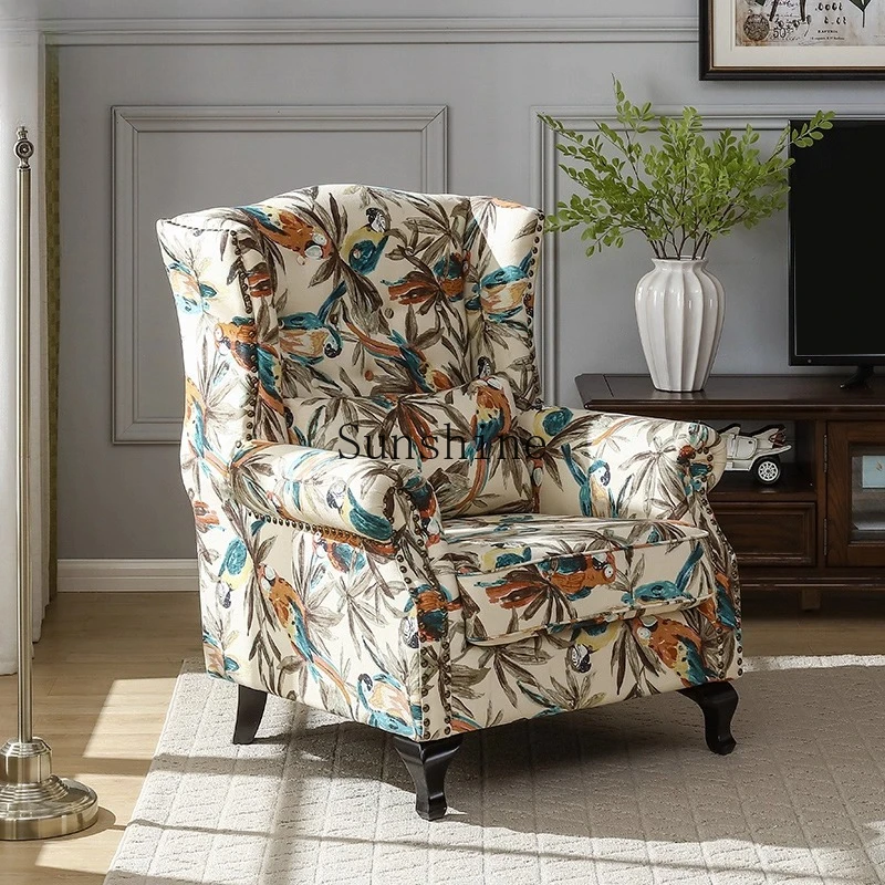 

American tiger chair living room fabric single sofa high backrest retro rural solid wood simple leisure