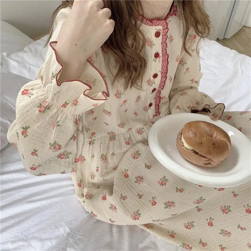 Cotton Womens Nightgown Night Dress Woman Nightie Korean Home Dresses Long Sleeve Sleeping Clothes Sweetheart