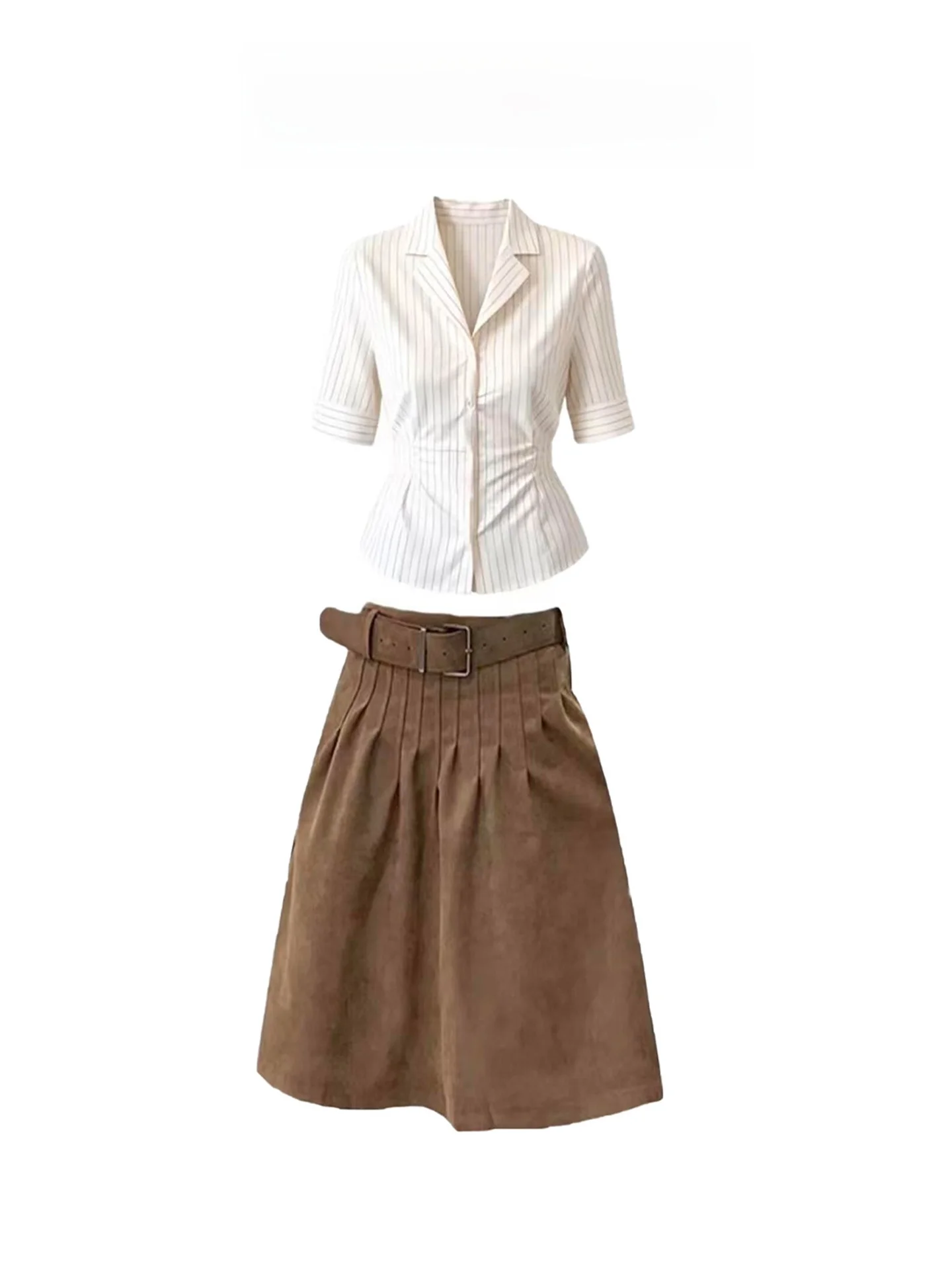 Korean College Style Yellow Mid-Sleeve Shirt Waist Inward Top Women Summer Khaki Retro A-Line  Skirt Set Casual Fashion