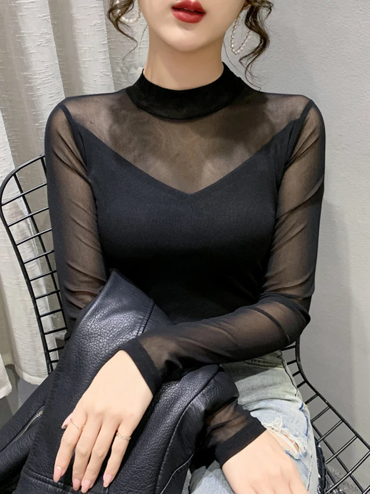 Spring Autumn 2024 New Sexy Half High Neck T shirt Fashion Mesh Bottoming shirt Women Long Sleeve Black Casual Top