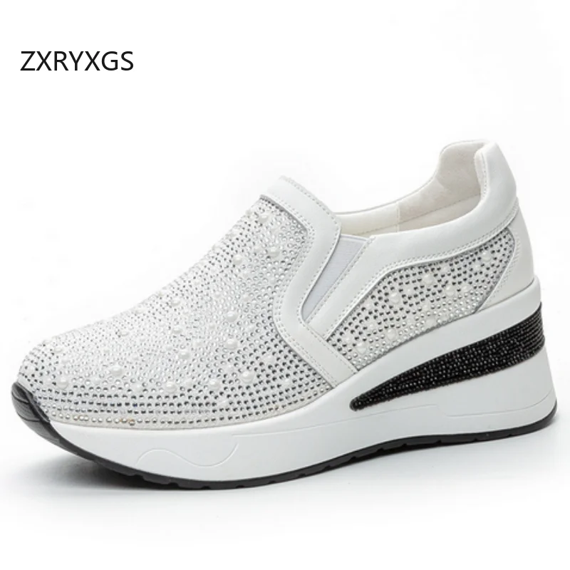 

ZXRYXGS Высококачественная обувь из микрофибры с жемчугом и стразами, модные кроссовки, весна-лето 2021, туристическая обувь на танкетке и высоком каблуке