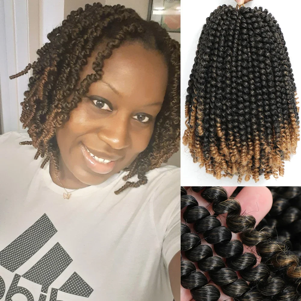 

Короткие вьющиеся весенние плетение волос для страсти, 8 дюймов, 12 дюймов, весенние косички, вязанные крючком волосы, омбре 1B, брошь