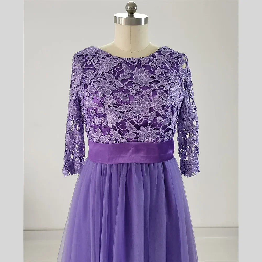 Feelingarden-vestido de noche con foto Real, talla grande, encaje morado, Media manga, cuello redondo, largo hasta el suelo, vestidos formales de fiesta