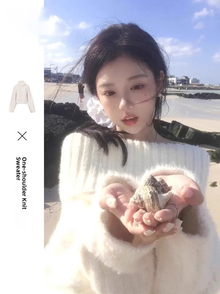 

White ort Knitted Sweater Women's Lazy Sle Inner Wear High Collar Long Sve Warmth Emitting Autumn Winter Faionable B...