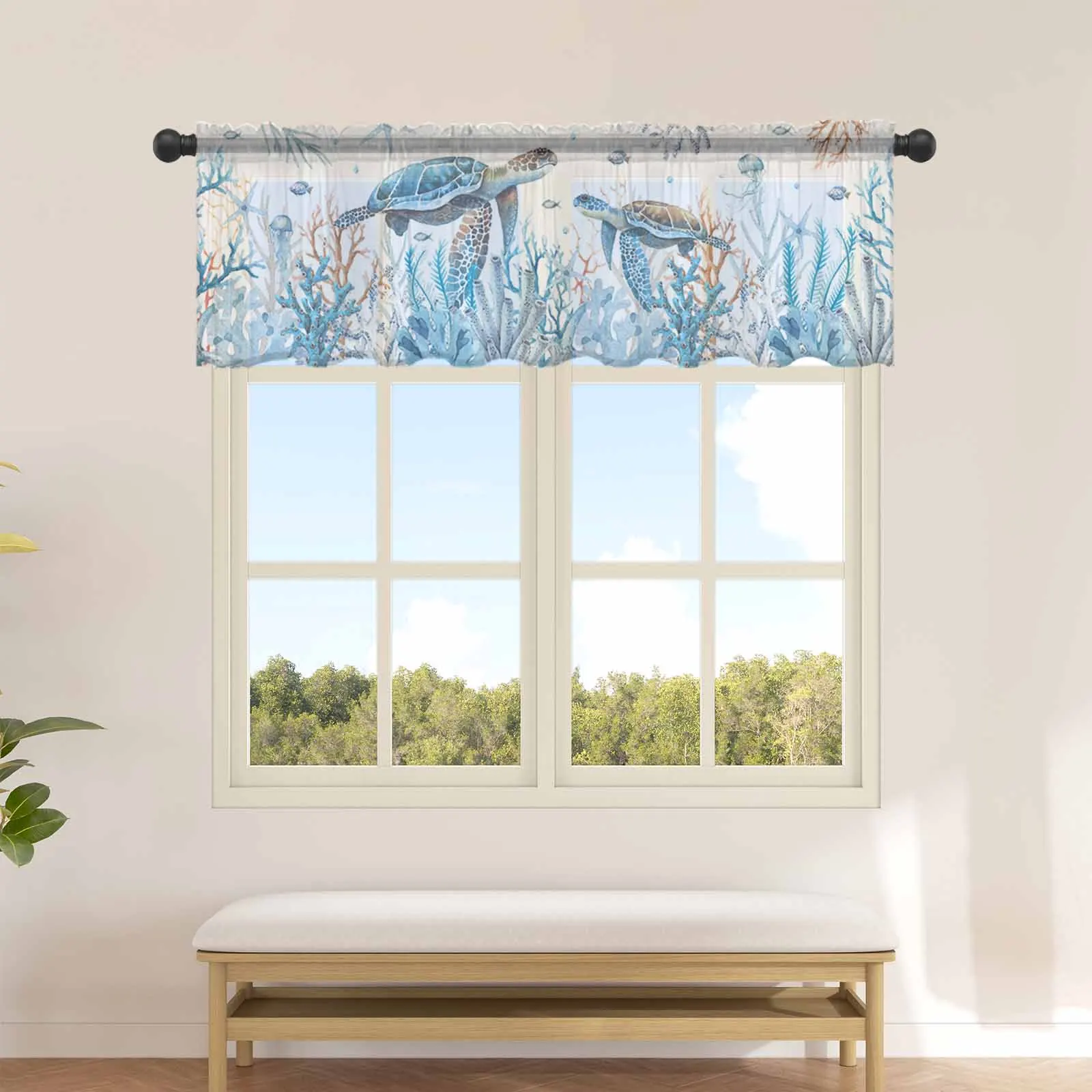 Summer Ocean Coral Starfish Turtle Jellyfish Blue Kitchen Sheer Curtains Tulle Small Curtain Living Room Voile Drapes Home Decor