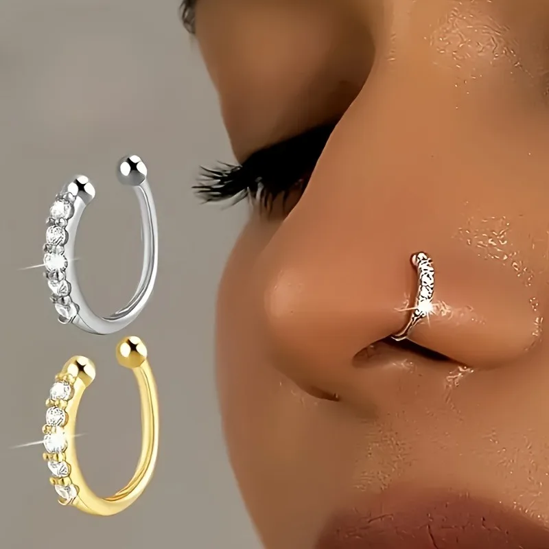 

1pc Trendy Bohemian Summer Sexy Style False Nose Rings Adjustable No-Piercing Wearable, Fashion Hip-Hop Silver Nose Nail Woman