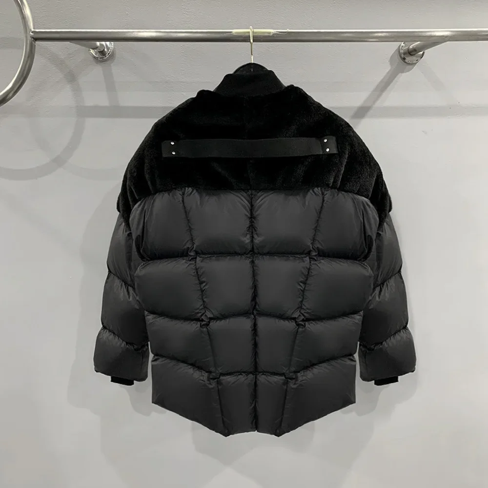 Owens Down Jacket Streetwear Spliced Plush Rick Coat High Street Goose Down Short Overcoat Dark Style Greatcoat RO Clothing