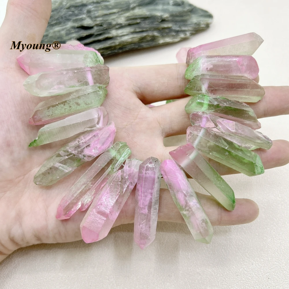 Graduated Mix Size Pink/Green Large Natural Quartz Crystal Top Drilled Stick Point Pendant Beads For DIY Jewelry Making MY230613