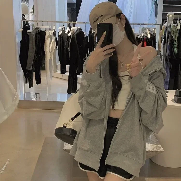 Oversized Zip Up Gray Hoodie Women Korean Fashion Zipper Coats Casual Hooded Sweatshirt Streetwear Poleron Baggy Solid Hoodies