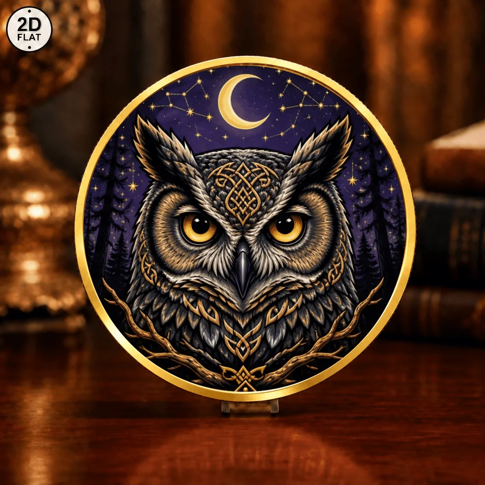 1pc Vintage Wildlife Metal Coin Celestial Owl & Majestic Eagle Forest Mountain Scene Souvenir Coin Present Collectible Decor