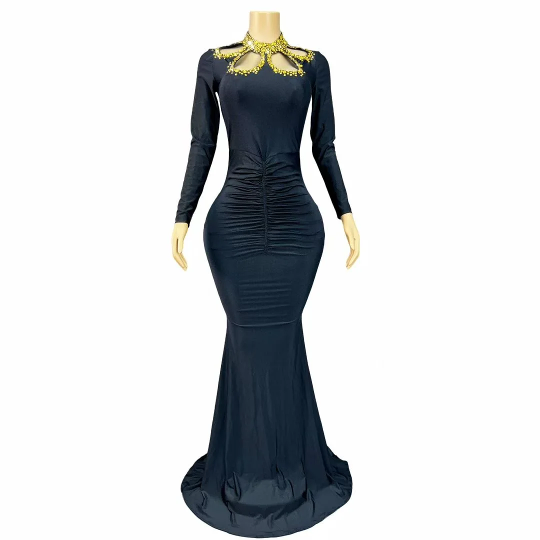 Women Luxury Black Cut Out Gold Diamonds Collar Pleated Maxi Long Elegant Celebrity Evening Party Dress For 50-60 Years Ladies