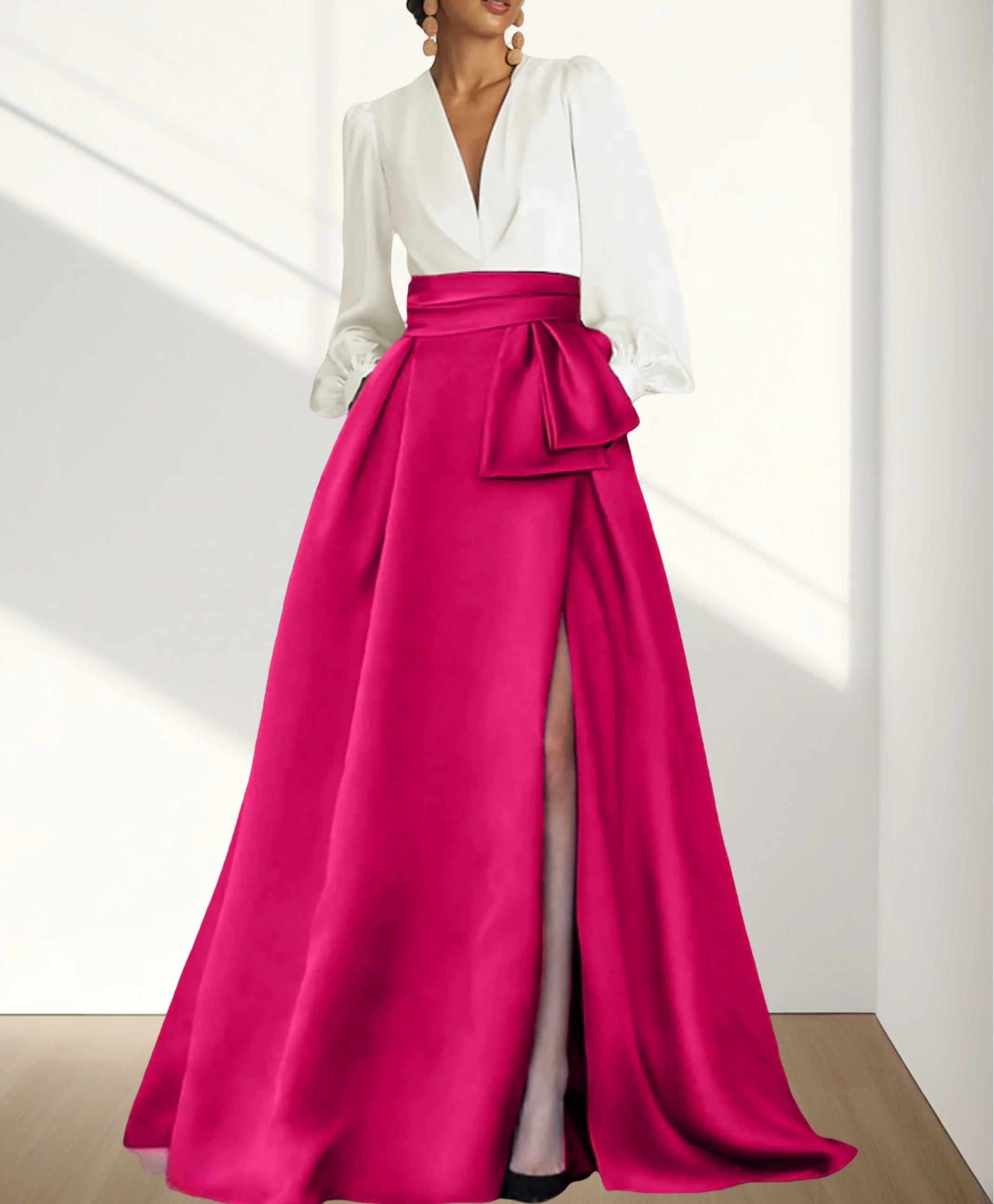 A-Line Evening Gown Elegant Dress Formal Wedding Guest Long Sleeve V Neck Satin with Pleats Split Front 2024