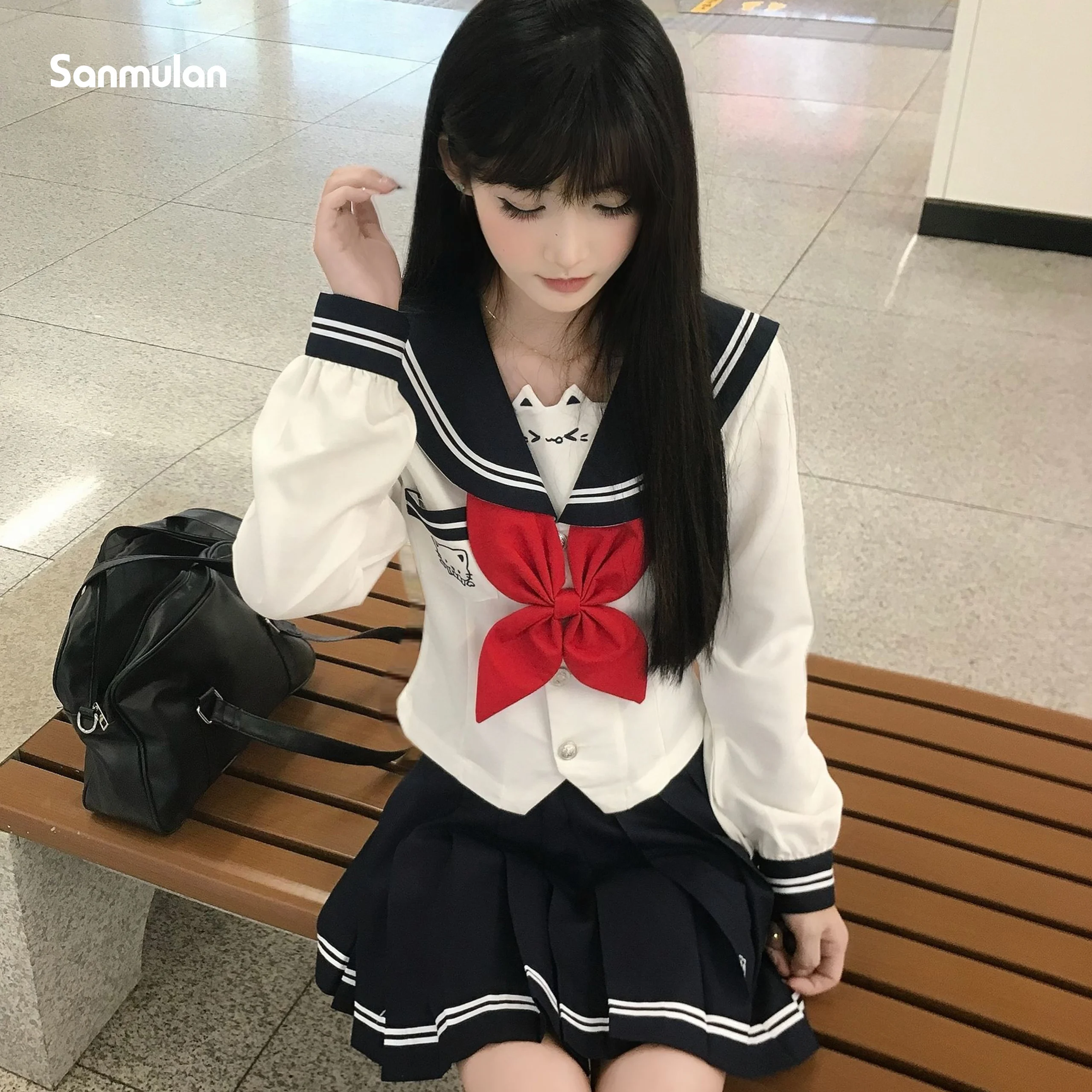 

Japanese and Korean Sailor Suit Jk Uniform Suit College Style Sweet Kindergarten Cute Short Skirt Cat Pattern Role Play