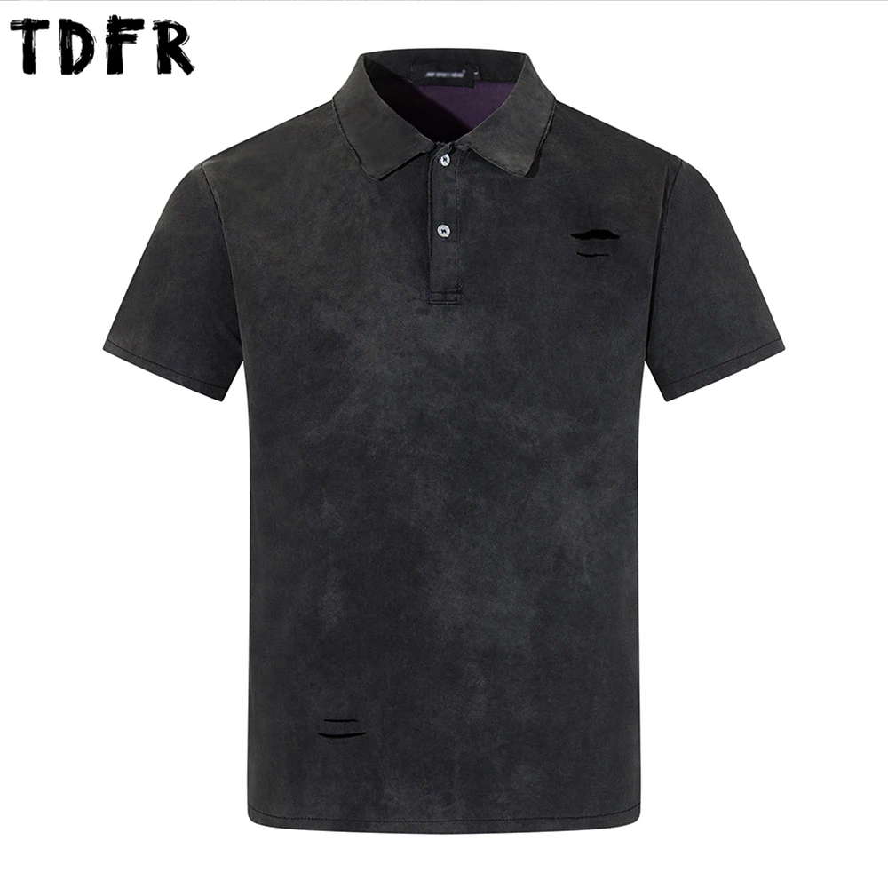 Ripped Short Sleeve Polo Shirts Mens Summer Retro Casual Washed Distressed Cotton Loose Half-Sleeve Tops Man
