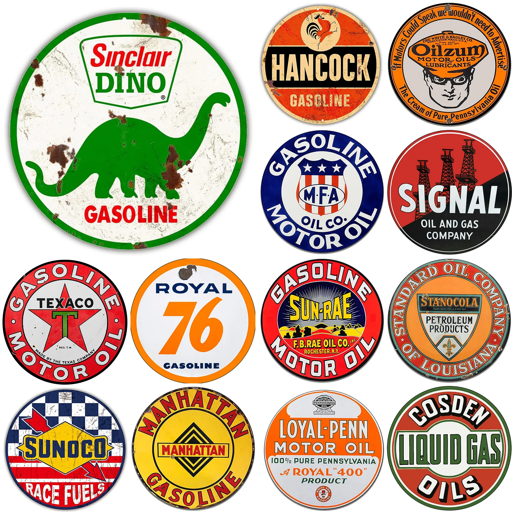 Sinclair Dino Philiphs Texaco Royal 66 Sinal Motor Oil Gasonline Round Metal Tin Signs Garage Gas Oil Station Retro Wall Decor