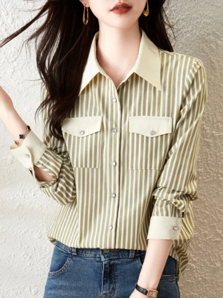 #3215 Vertrical Striped Shirt Women Long Sleeve Regular Fit Womens Tops And Blouses Single Breasted Shirt Pockets Spring Autumn