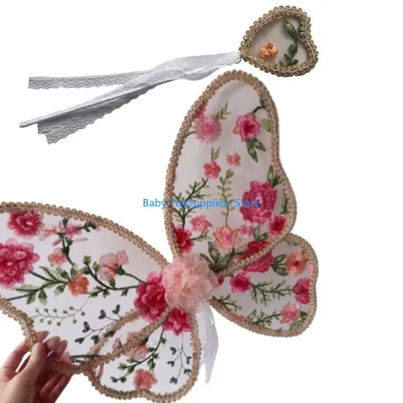 

R1WF 1 Set Kids вышитый кружевные девушки Крыло удобное и легкая ручная палочка для фотосессий фестиваля