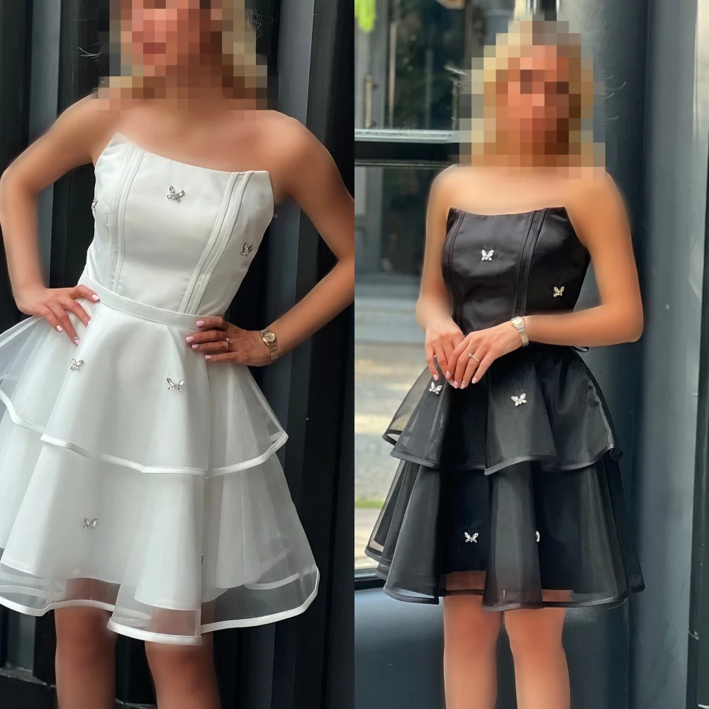 

Customized Modern Style Elegant Organza Rhinestone Draped A-line Strapless Mini Dresses Bespoke Occasion Dresses High Quality