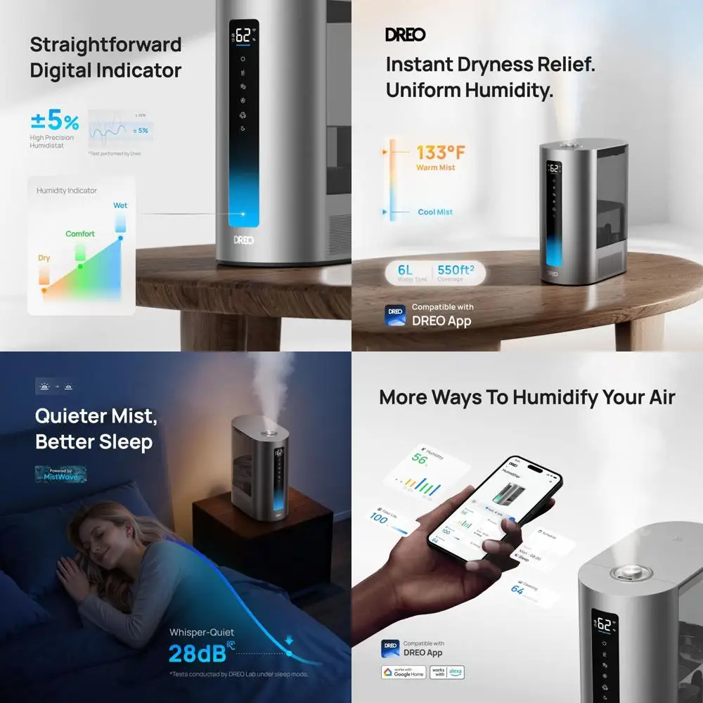 6L Smart Humidifier for Large Rooms: Warm & Cool Mist, 60Hr Silent Operation, Humidity Control, Indicator Light, 12H Timer, Comp