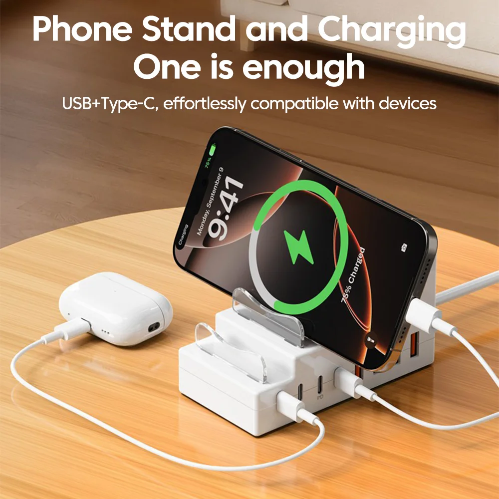 4USB 4Type-C Power Strip USB C Charger Socket 8 Port Fast Charging Charger With Phone Stand Holder For iPhone Xiaomi Huawei