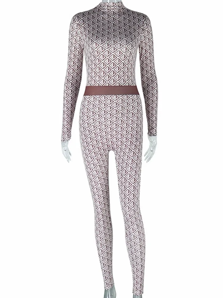 Damskie kombinezony z nadrukiem na wiosnę i lato, z długim rękawem, okrągłym dekoltem, luźne, modne, streetwearowe, spodnie typu ołówkowe, spodnie, 2026