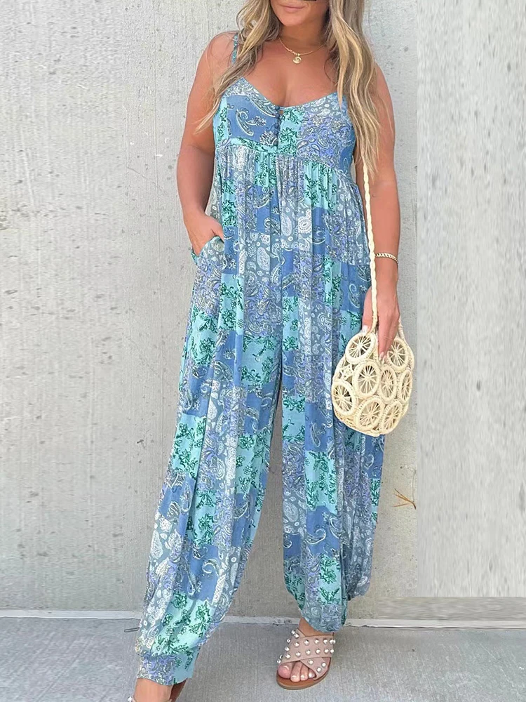 

Streetwear Print Summer Pockets Jumpsuit Women Party Club Loose Off Shoulder Romper Casual Lady Sleeveless V Neck Long Playsuits