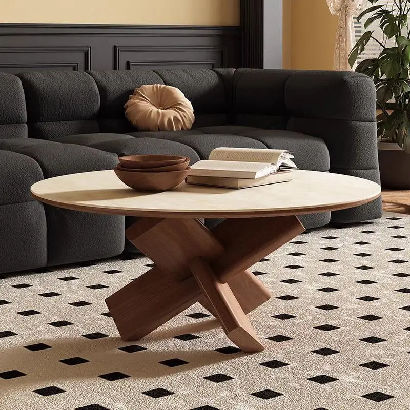 Solid wood retro rock slab coffee table small apartment living room middle ancient round edge table wabi sandy wind Luban lock