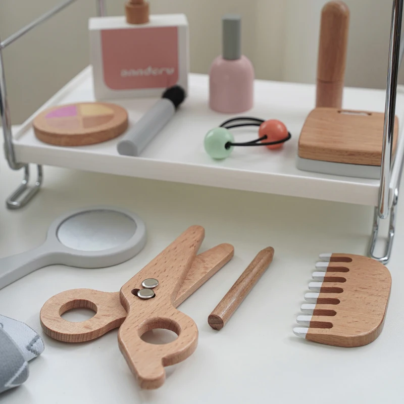 Make-upset voor kinderen Kappers Simulatie Houten Schoonheid Mode Kammen Föhn Fantasiespel Kapper Make-upkit Meisjesspeelgoed