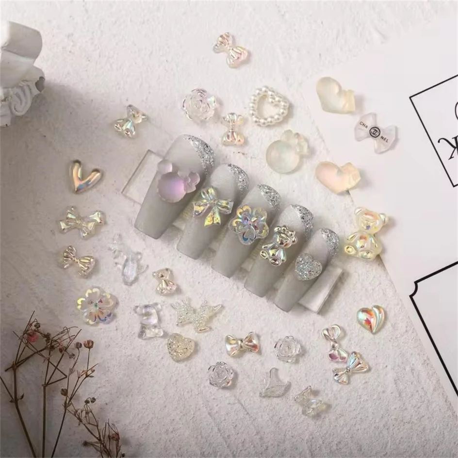 50pcs Mixed Resin Nail Charms Bulk Cute Bow Rose 3D Black White Aurora Butterfly Nails Art Decorations Accessories DIY Nail Pars