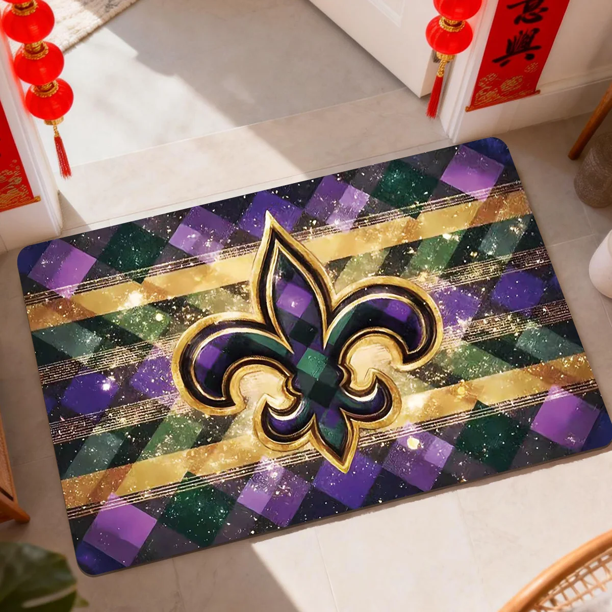 Alfombra de Entrada de Lujo con Diseño de Flor de Lis en Morado y Verde, Decoración de Estilo Real para el Hogar