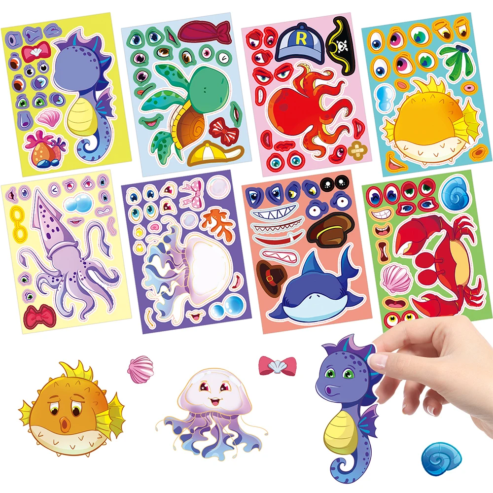 8/16 feuilles mignon drôle animaux marins Puzzle autocollants créatif poisson de mer faire un Fase Puzzle autocollant drôle fille assembler jouet cadeaux