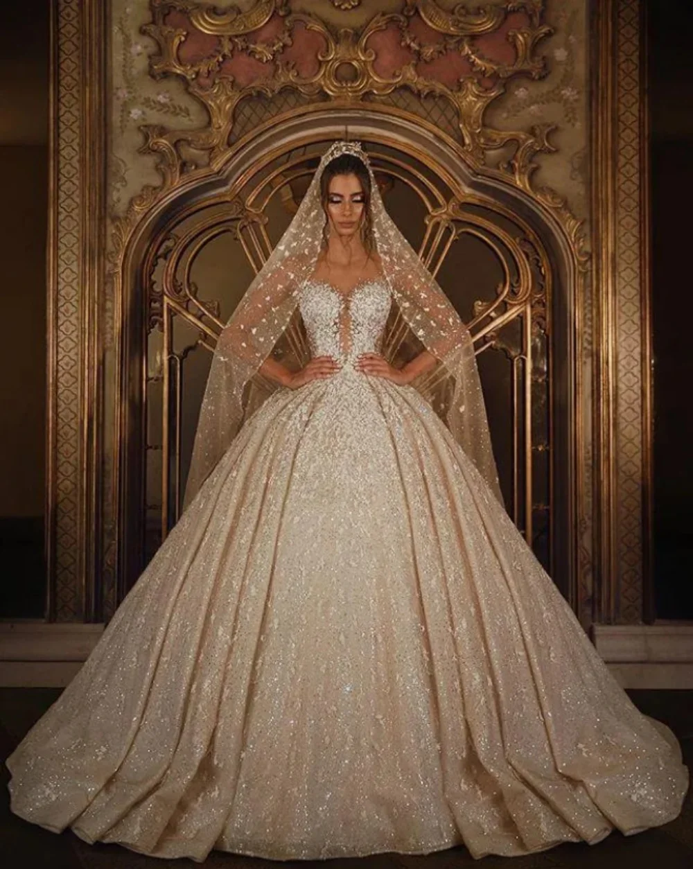 Luxury Princess Ball Gown Dresses Lace Appliques Sweethear Neck Illusion Long Sleeves Bridal Vestidos Court Train Birthday dress