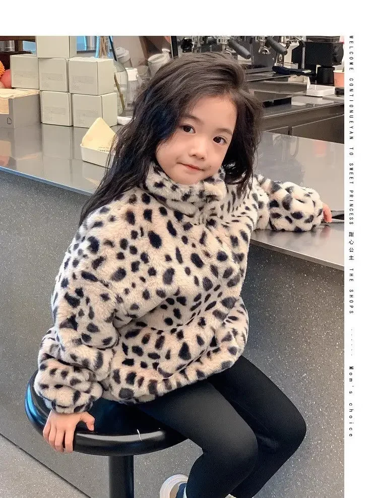 Children\'s Coat Faux Leather Jacket with Leopard Print 2024 New Girls Korean Winter Loose and Thickened Baby Plush Tops