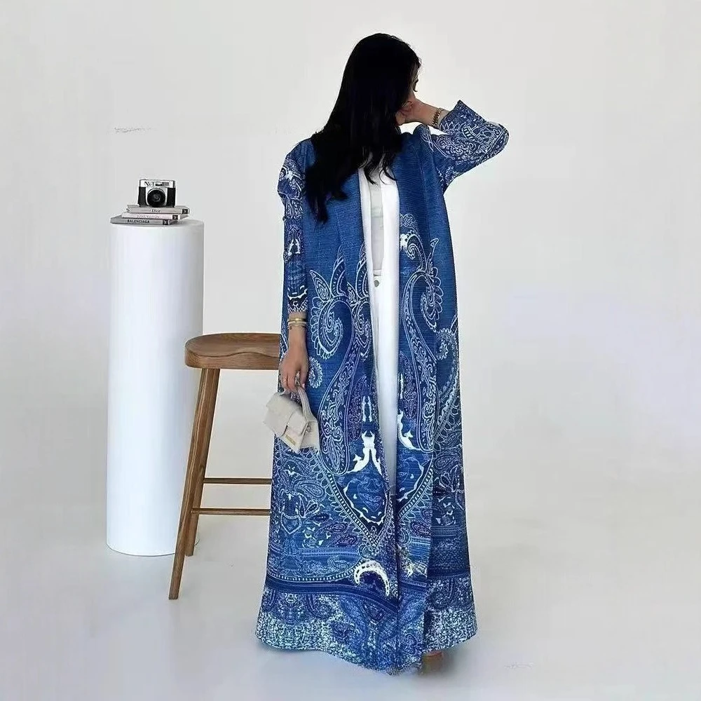 Miyake-gabardina estampada a la moda para mujer, cárdigan Premium con solapa en la cintura, cárdigan de manga larga, Chaqueta larga plisada