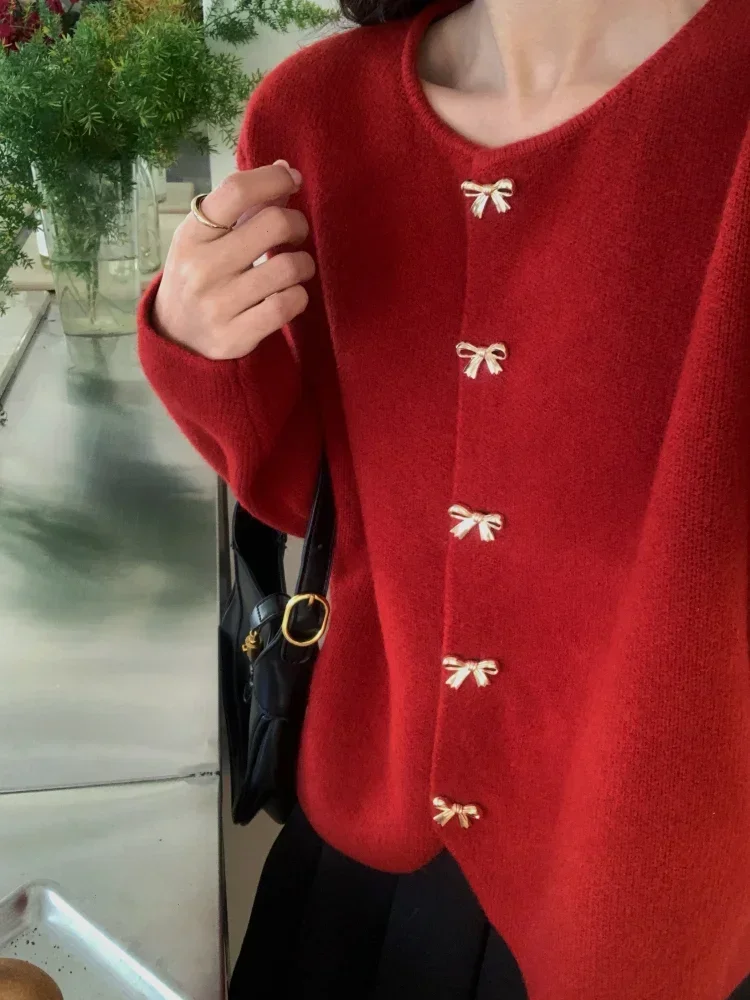 Autumn New Sweater Cardigan Women\'s Red Butterfly Button Korean Fashion Knitted Cardigan Casual Versatile Solid Knitwear Jacket