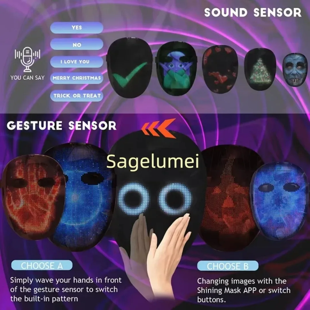 2025NEW Voice Recognition Luminous FullColor Led Mask with Gesture App Control Programmable Face Transforming Light up Halloween