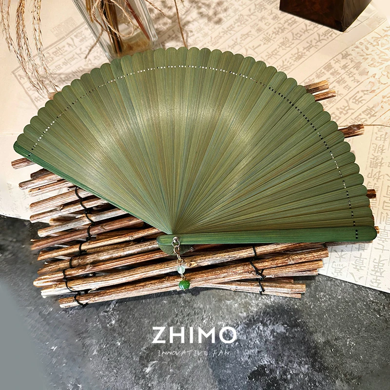 

Creative and elegant full bamboo folding fan craft fan solid color fan Hanfu antique simple fashion retro bamboo green