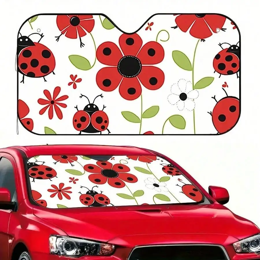 1-Piece Red Ladybug Pattern Car Sunshade, Stylish Printed Design, Keeps The Car Interior Cool, Comes With 4 Suction Cups,