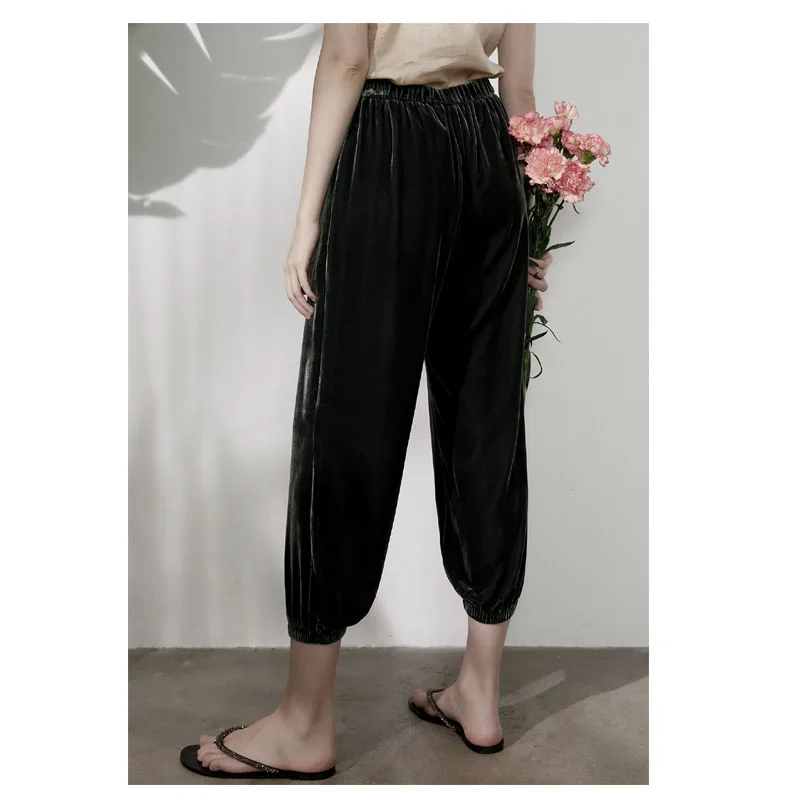 Fengbaoyu 天然シルクベルベット レディース 9 ピース パンツ ウエストゴム シンプルスタイル カジュアルパンツ 快適で涼しく通気性があります