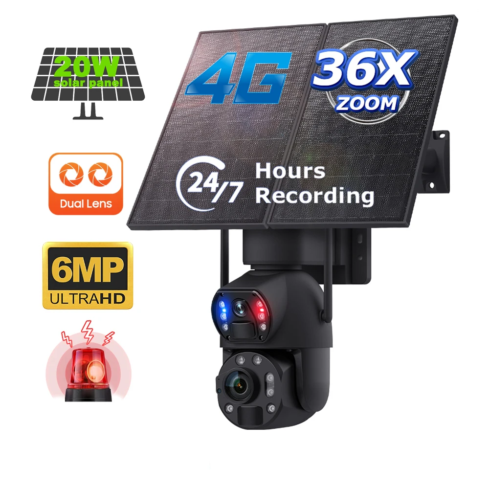 Metal Solar Power 4G Security Camera With 20W Solar Panel 36X Zoom 6MP HD Full Color Night Vision Wireless Outdoor Surveillance