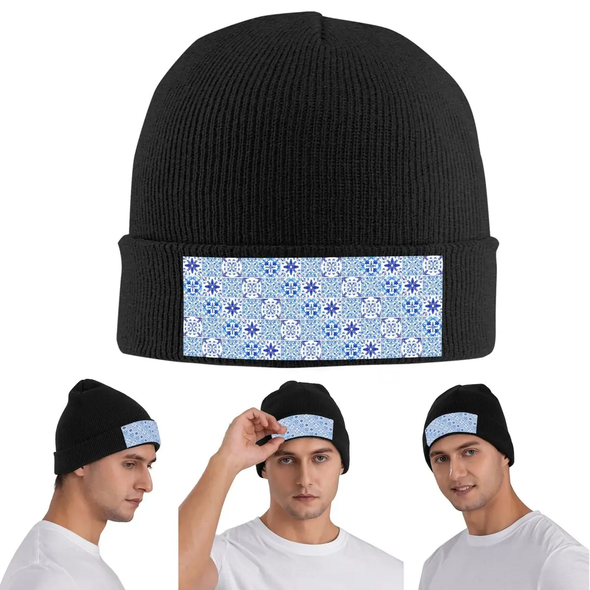 Mediterranean Mosaic Tiles Azulejo Warm Knitted Cap Winter Knit Bonnet Hat Skullies Beanies Hip Hop Caps for Unisex