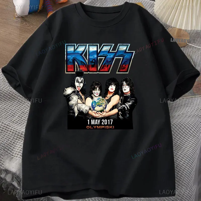 Rock Kiss Band Print Women Fashion Cotton Short Sleeve Street Fashion Harajuku Punk Style Men's Clothing Heavy Mental Music Top