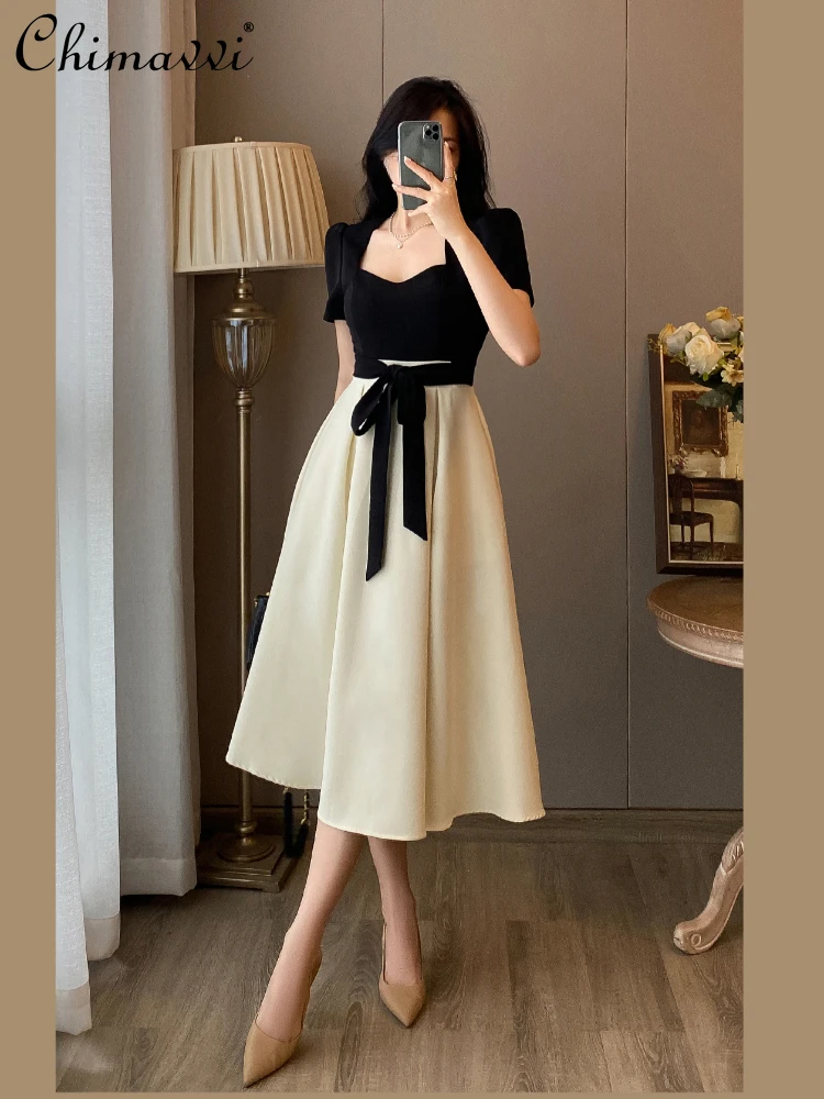 

French Hepburn Style Square Collar Short Sleeve Dress Women Summer Stitching High Waist Lace Up Slim Fit A-Line Elegant Dresses