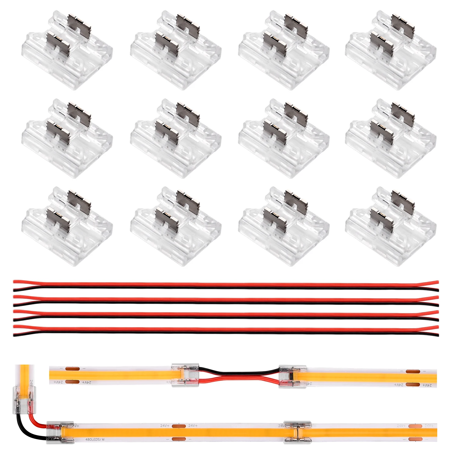 12 sztuk bezlutowe złącze LED Przezroczyste złącza 4 w 1 DIY z przewodem 15 cm do taśm LED 2pin 8mm 10mm COB SMD