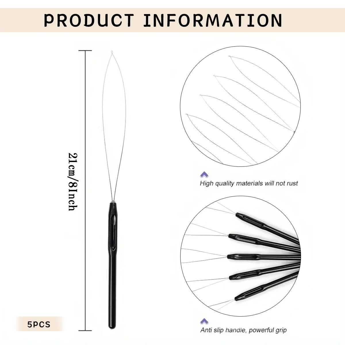 カラフルなプラスチックハンドル付きのステンレス鋼の針,ヘアエクステンションツール,黒,合成繊維,5個