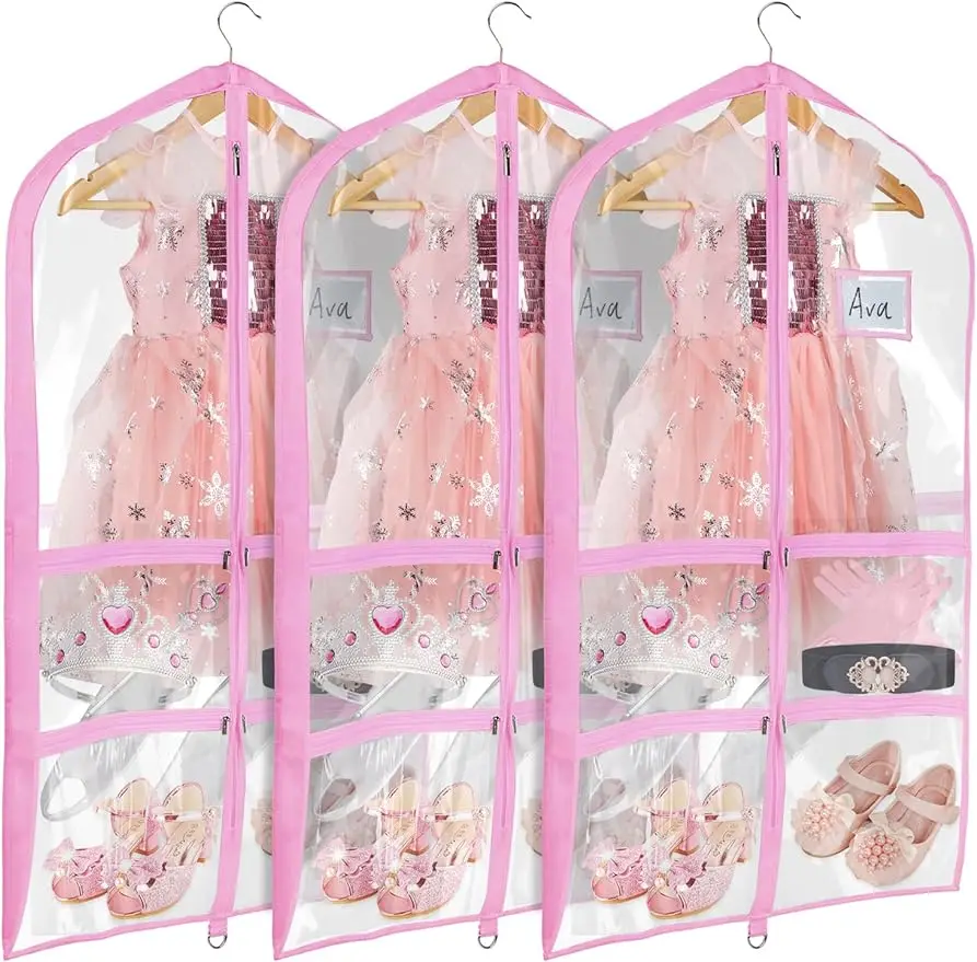 Clear Pink PVC Dance Costume Bags (3 Pack) Garment Bag 40 Inch for Dance Competitions with 4 Medium Clear Zipper Pockets