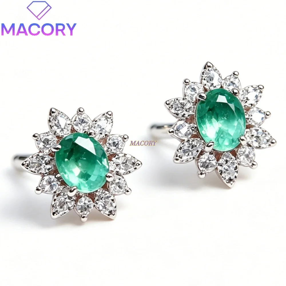 S925 Sterling Silver Emerald Stud Earrings Classic and Simple Design Flower Shape Exquisite Vintage Valentine's Gift