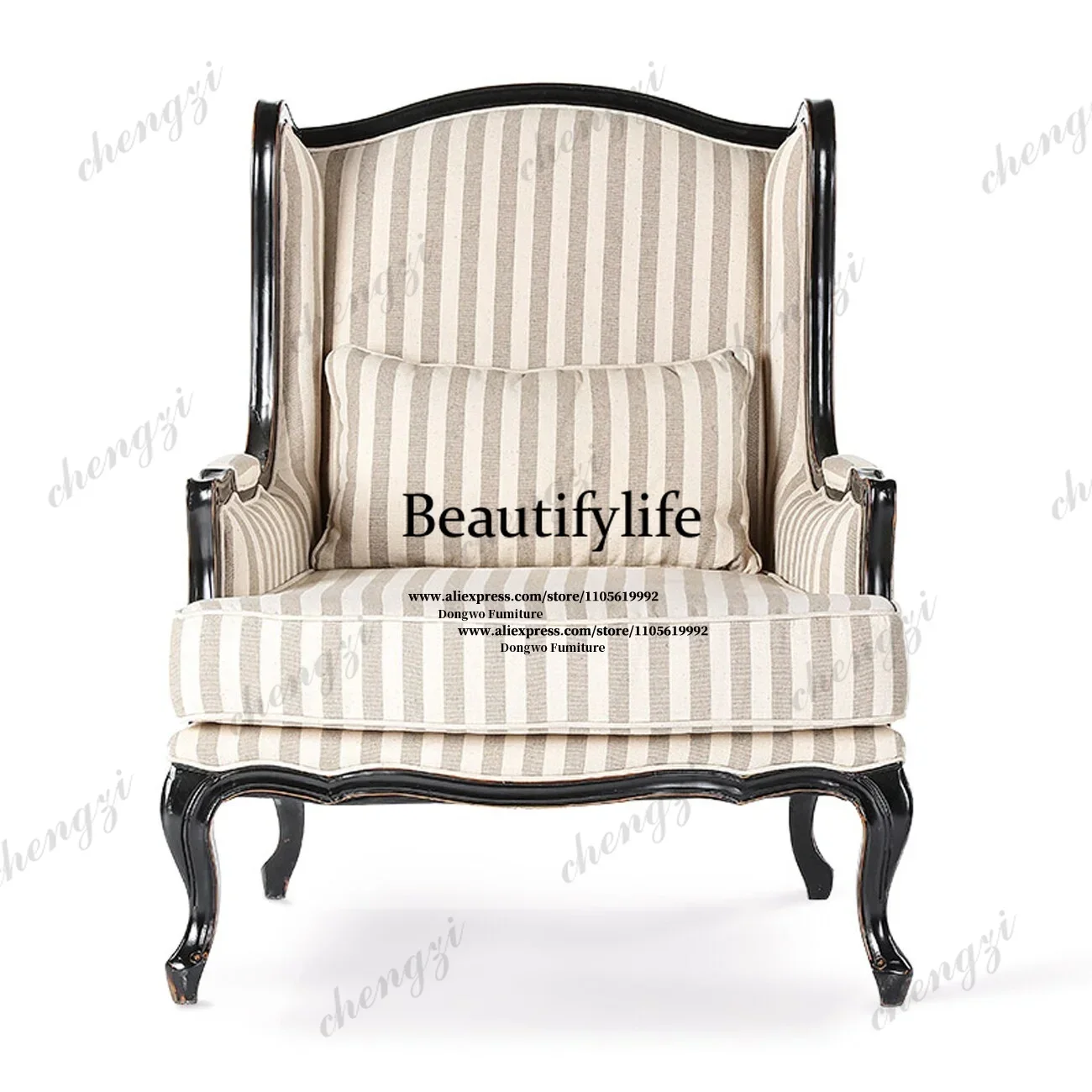 132 Rice gray striped linen high back wing back chair, French retro vintage, black carved, bent leg living room single sofa chai
